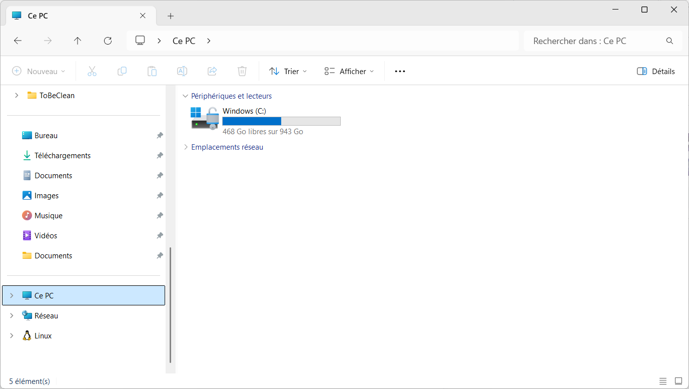 Fenêtre de l'explorateur de fichiers ouverte sur « Ce PC », montrant le lecteur Windows (C:) et le volet de navigation avec les dossiers Bureau, Téléchargements, Documents, Images, Musique et Vidéos