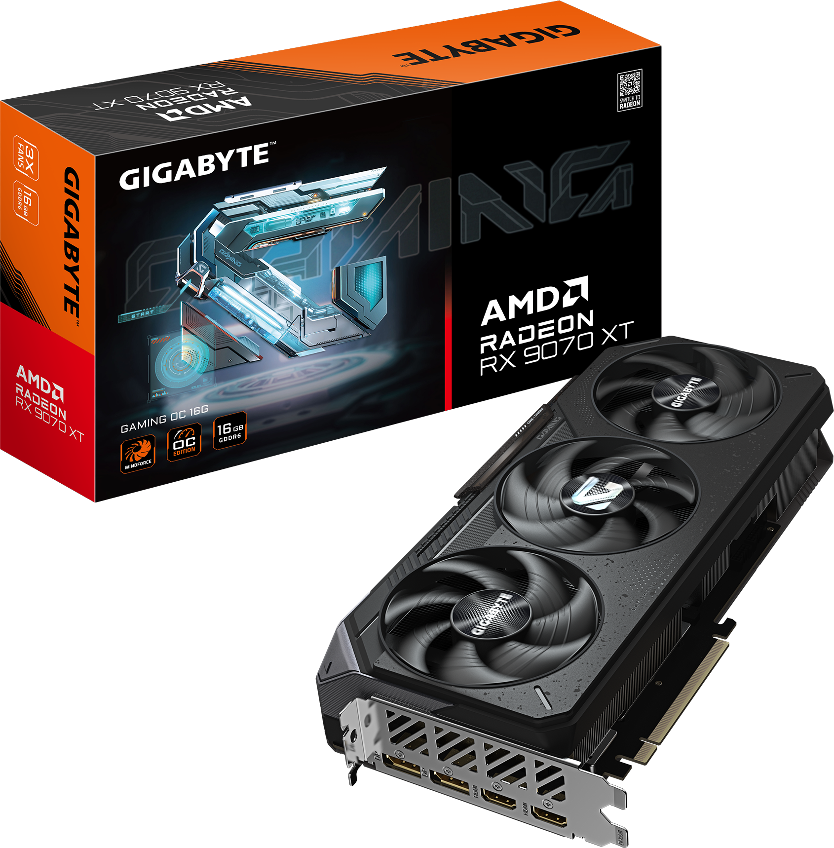 Carte graphique AMD Radeon RX 9070 XT à trois ventilateurs, posée devant sa boîte GIGABYTE GAMING OC 16G