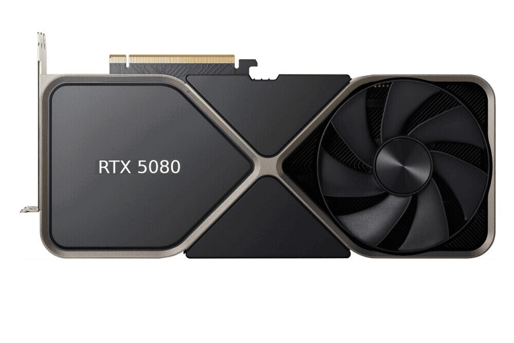 Carte graphique NVIDIA GeForce RTX 5080 vue de face, habillage métallique à un ventilateur visible