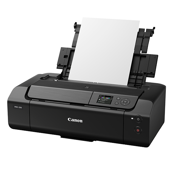 Imprimante à jet d'encre Canon PIXMA PRO-200, bac à papier arrière ouvert avec une feuille