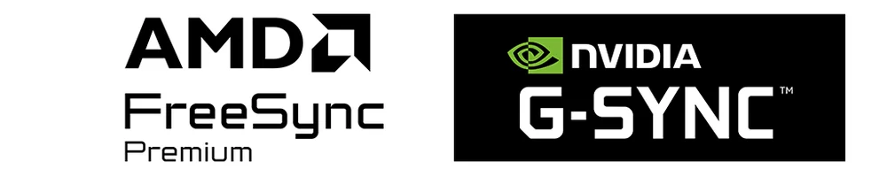 Les deux logos de synchronisation adaptative affichés côte à côte : AMD FreeSync Premium et NVIDIA G-SYNC