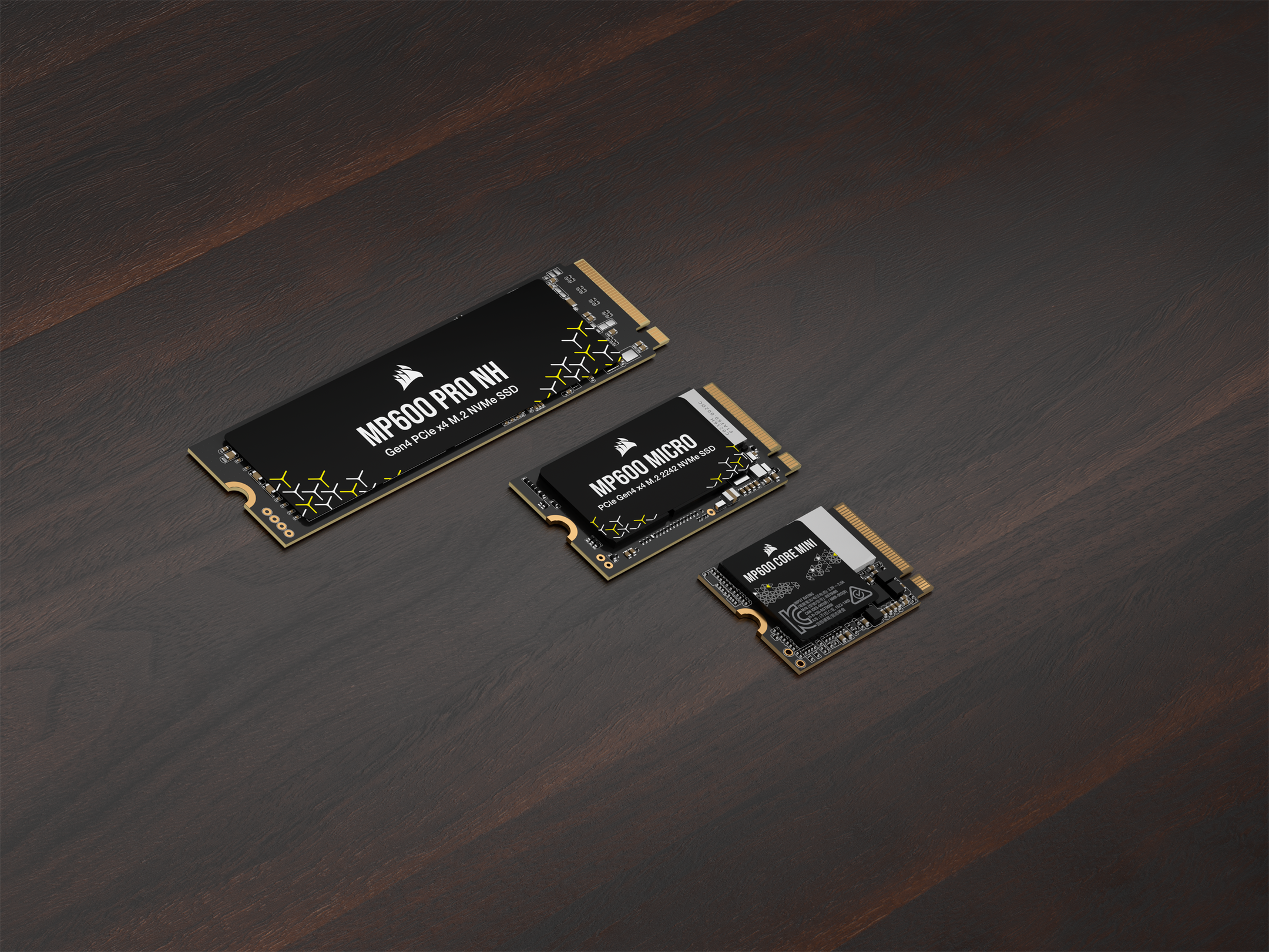 Trois unités NVMe M.2 côte à côte, des formats 2280, 2242 et 2230, montrant la différence de longueur pour un même connecteur