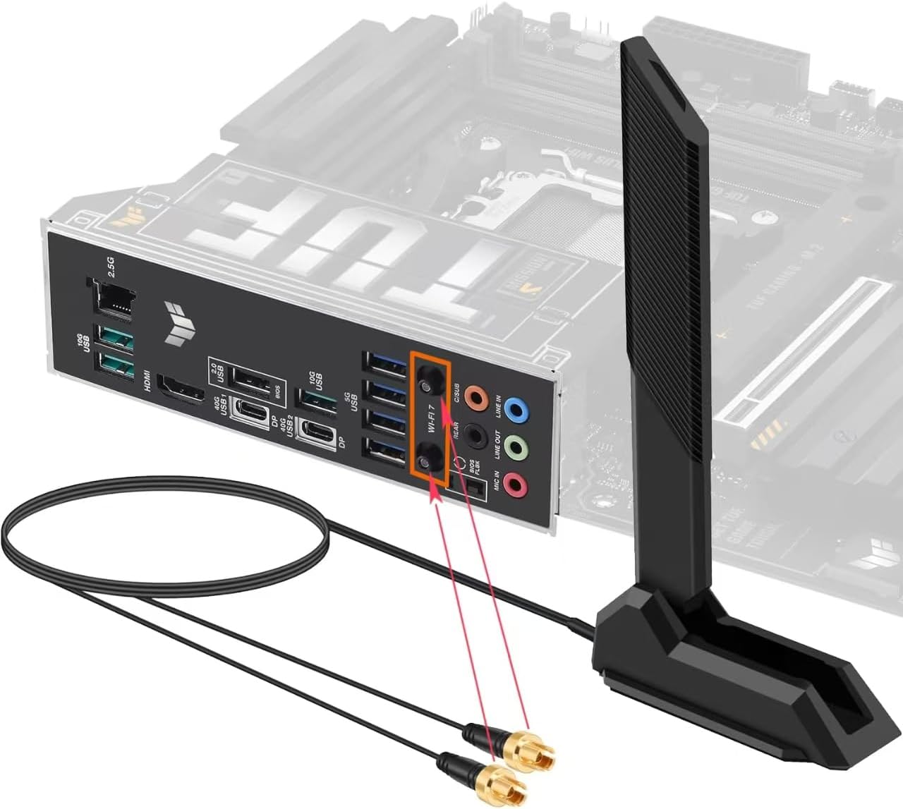 Antenne Wi-Fi et ses deux connecteurs RP-SMA sur le panneau arrière d'une carte mère