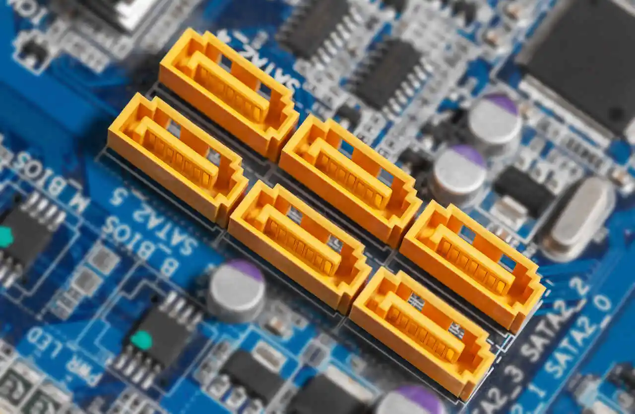 Six connecteurs SATA en forme de L sur une carte mère