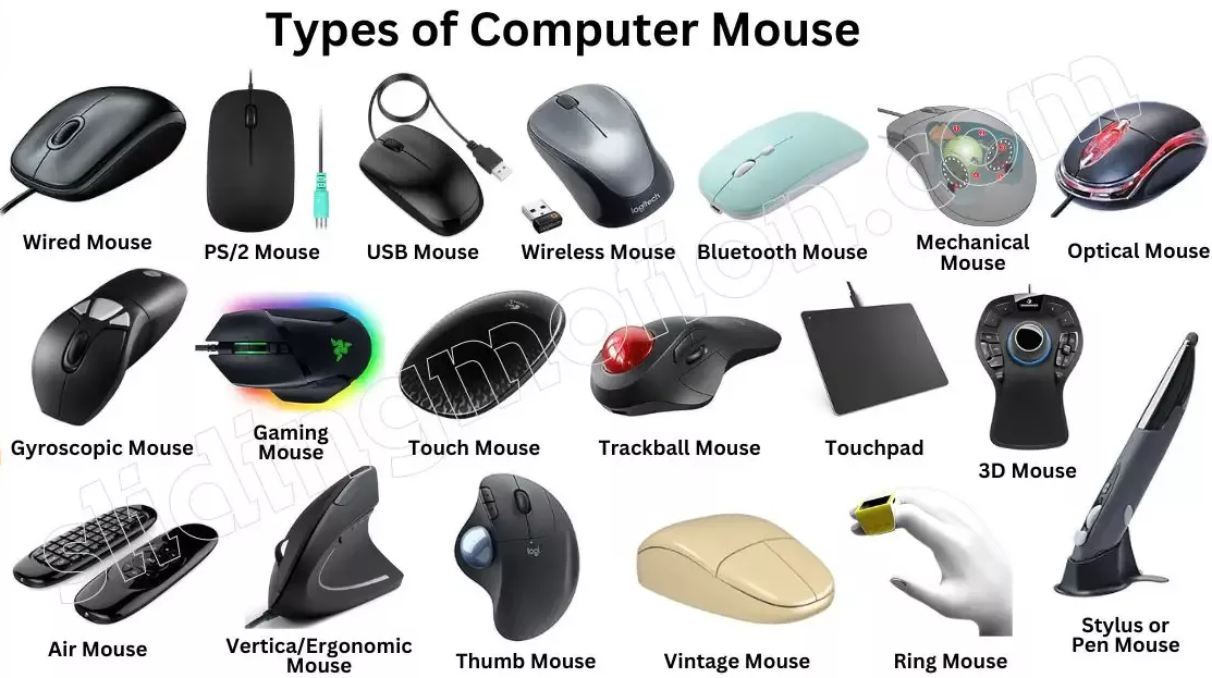 Planche illustrant vingt types de souris, de la souris filaire à la souris verticale, en passant par la boule de commande, le pavé tactile et la souris annulaire