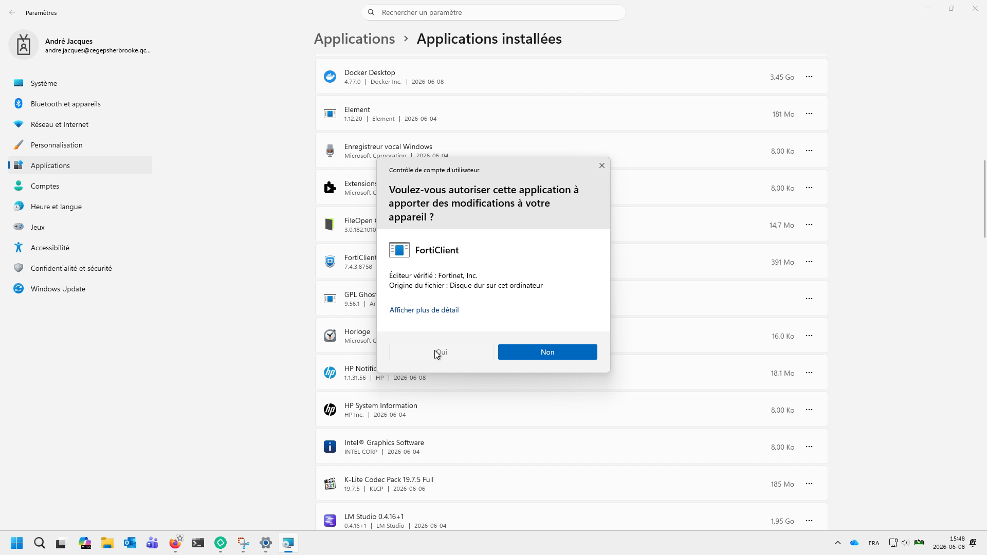 Double confirmation de la désinstallation de l'application.