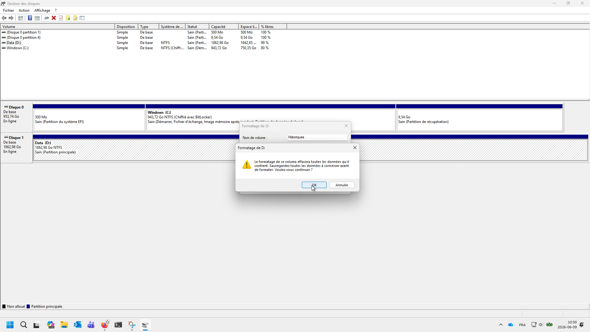 Confirmation de formatage de la partition