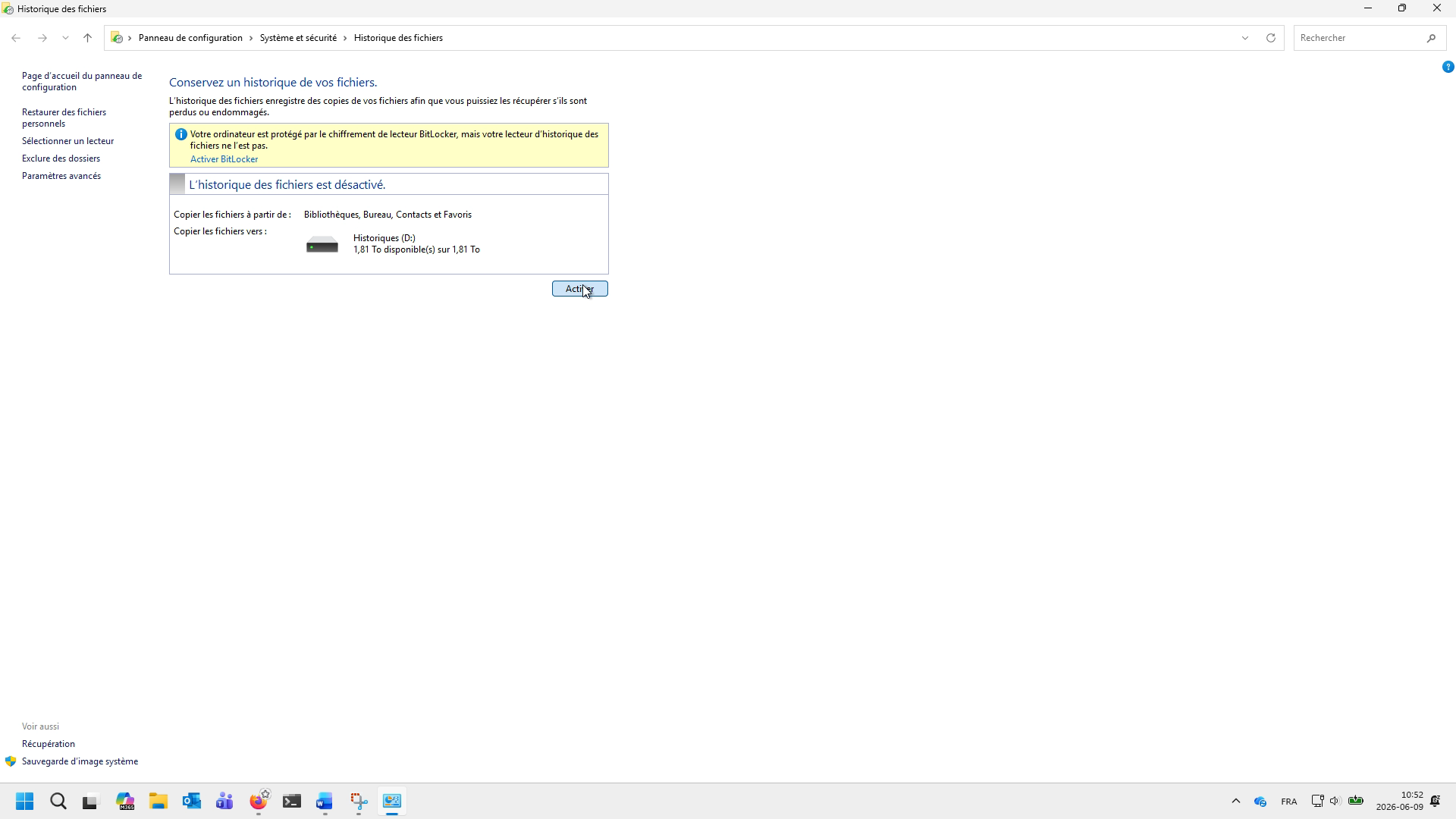 Interface d'activation de l'Historique des fichiers