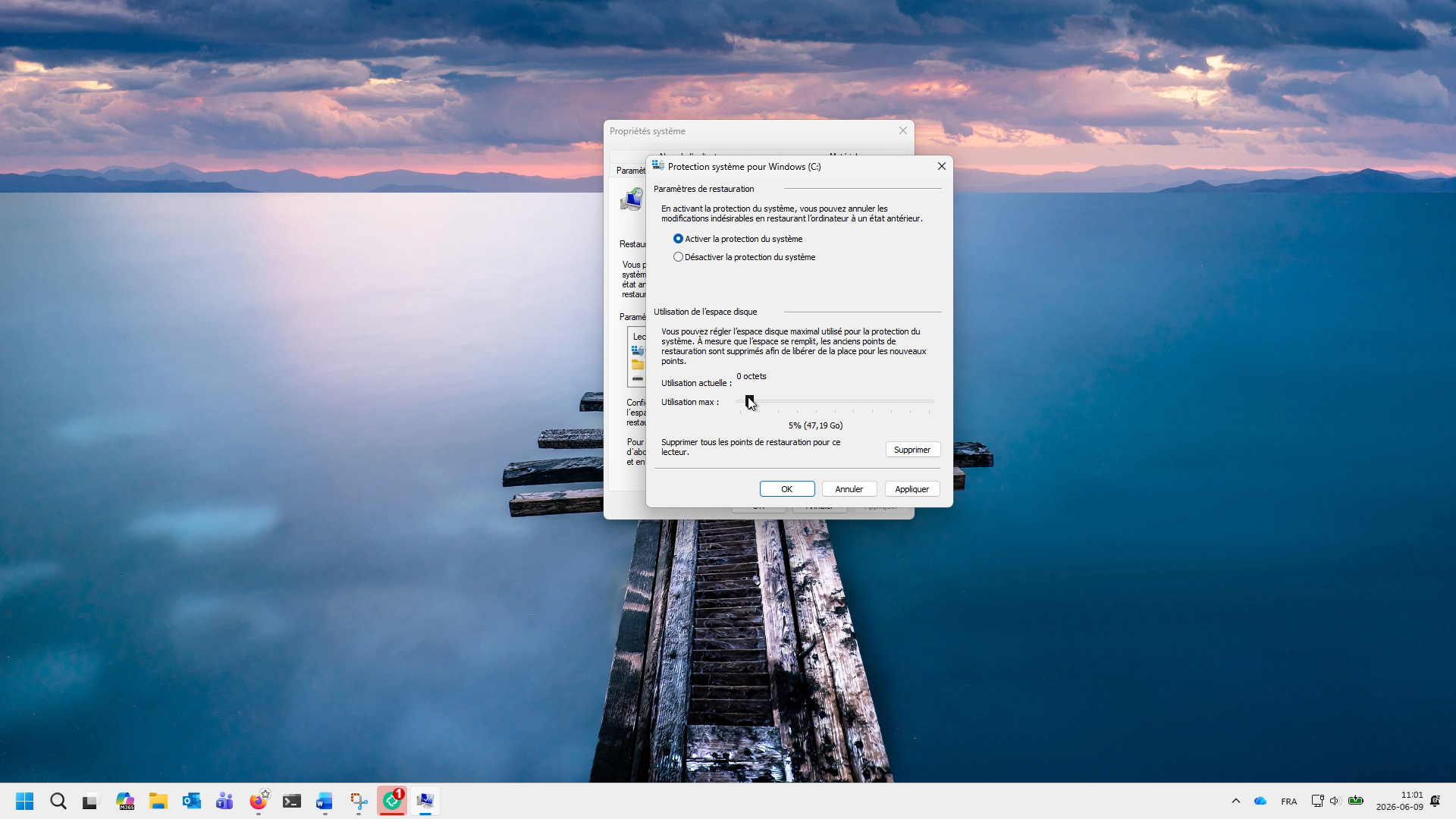 Activation et configuration de l'espace maximale à 5 %