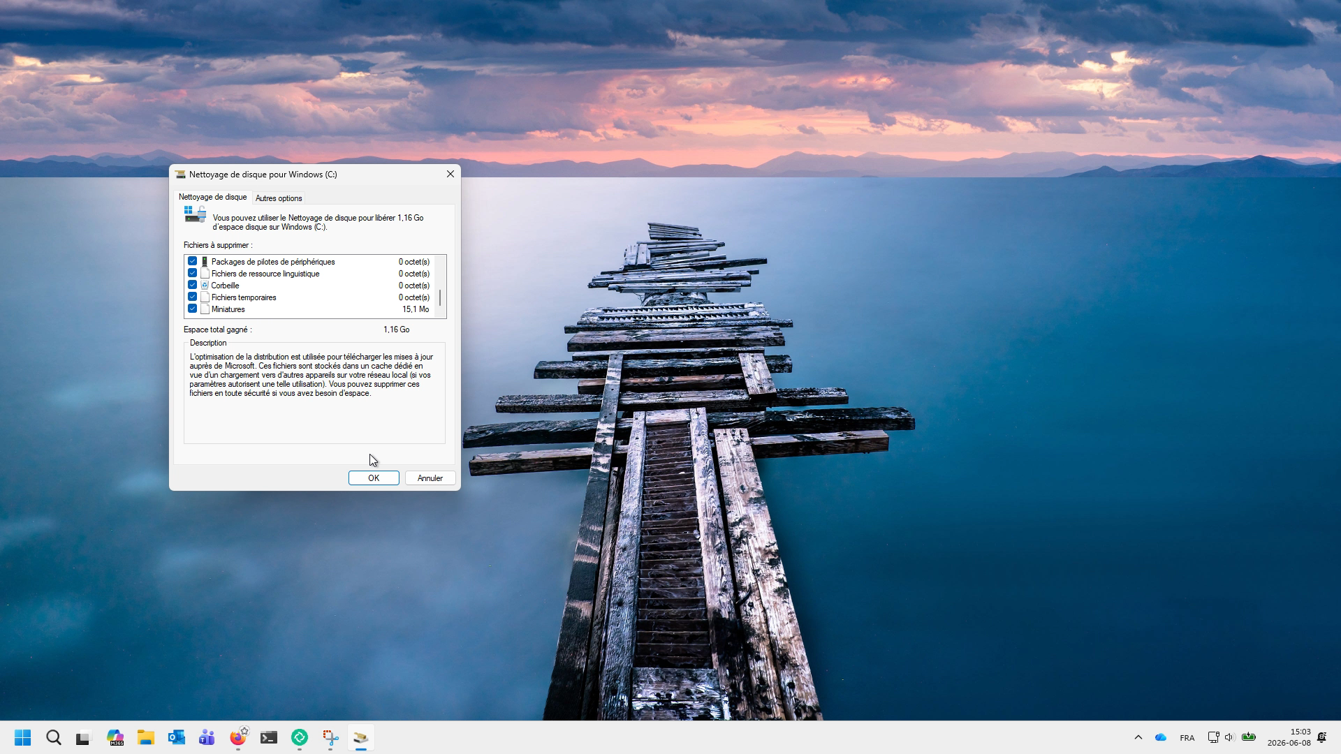 Nettoyage de disque pour Windows (C:) avec toutes les cases cochées.