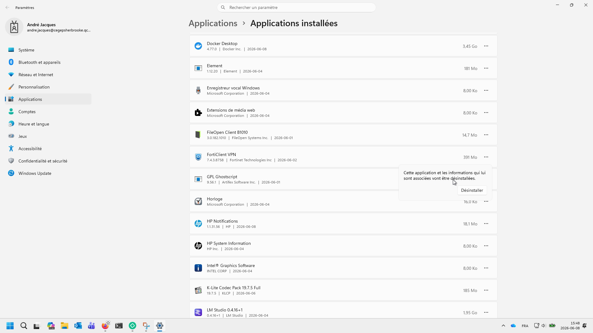 Confirmation de la désinstallation de l'application.
