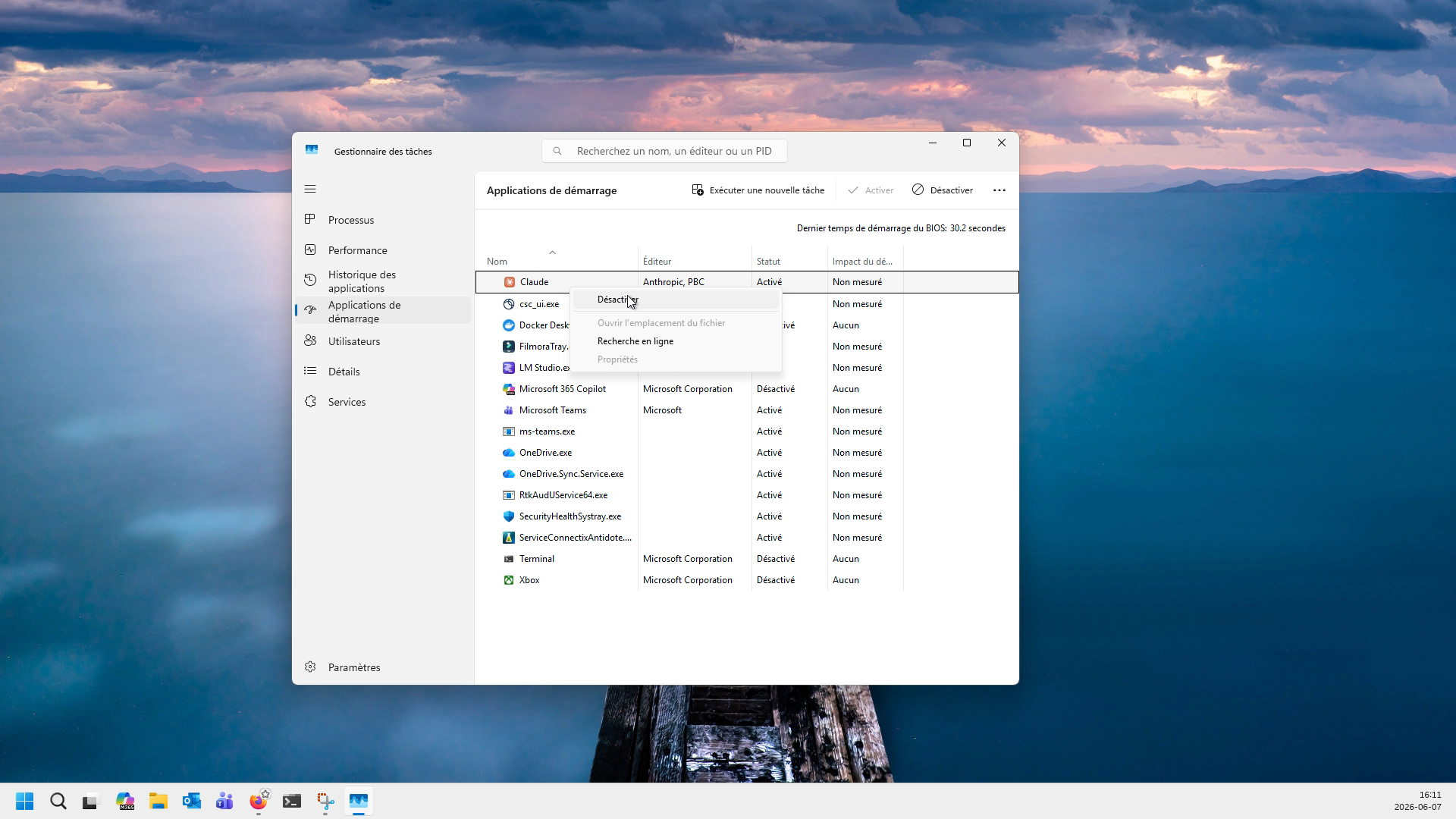Menu contextuelle d'une application de démarrage.