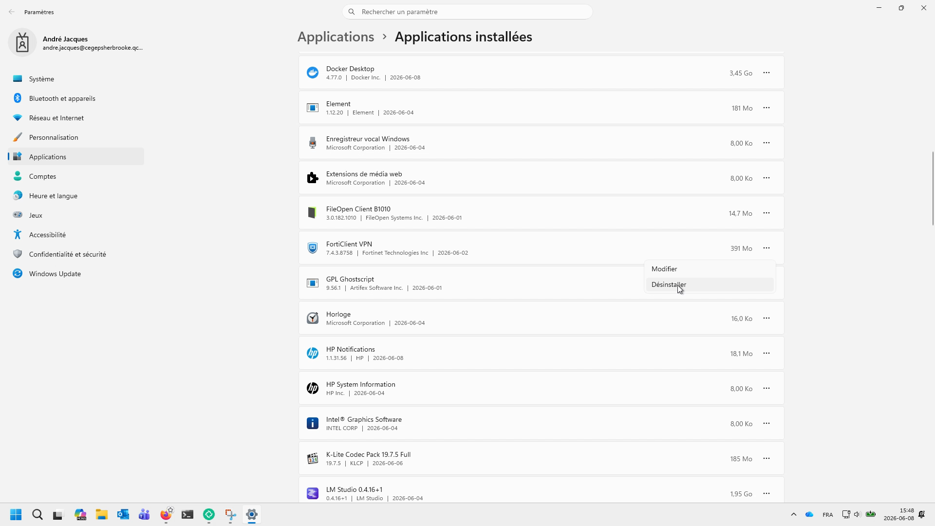 Option de désinstallation d'une application.